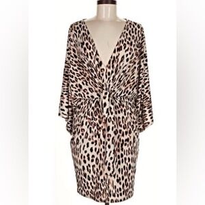 Chic Tan Animal Print Midi Dress – V-Neck, 3/4 Sleeve, Elegant Fit (Size M) 🎁